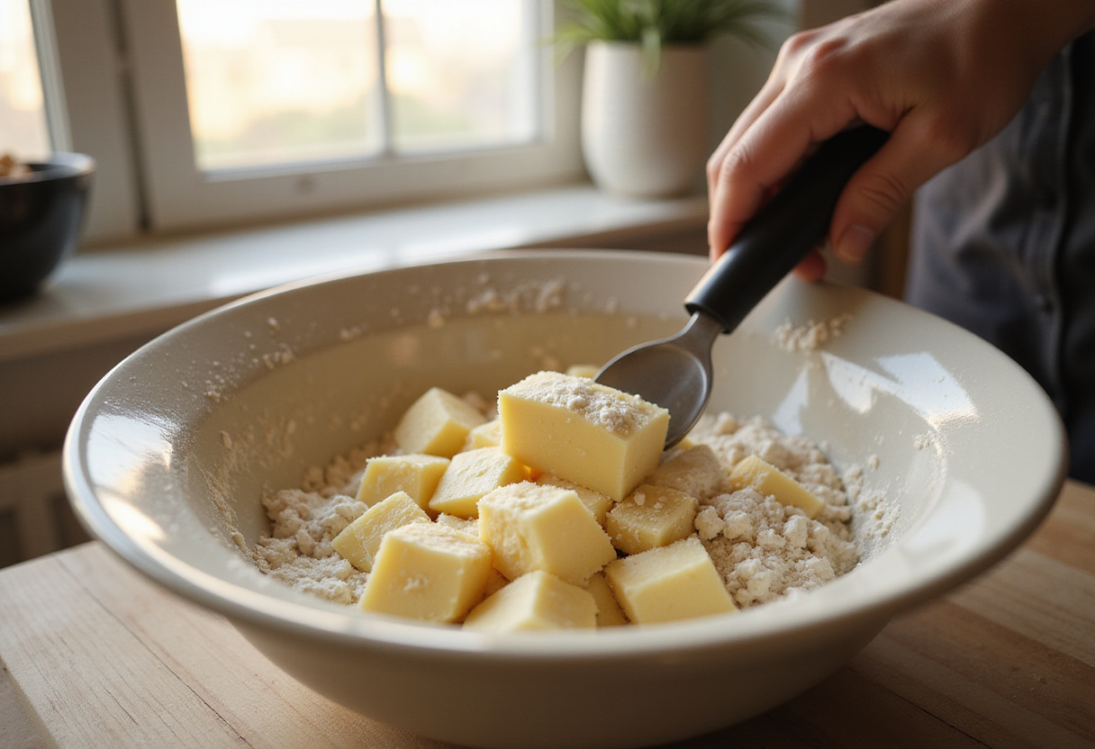 The process of making scones with butter cut into the flour mix, showcasing a bright kitchen atmosphere perfect for baking Blackberry Lavender White-Chocolate Scones.