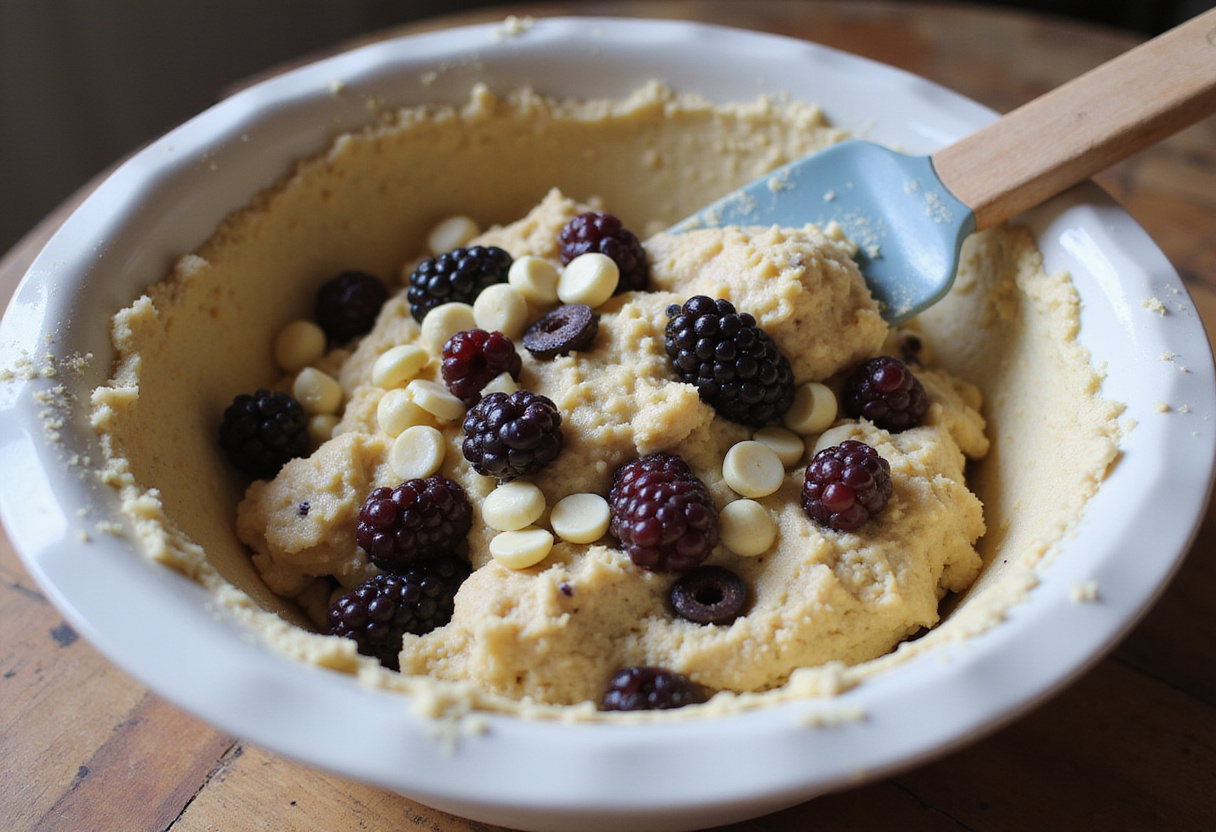 Folding fresh blackberries, lavender, and white chocolate into scone dough, highlighting the colorful ingredients during the making of Blackberry Lavender White-Chocolate Scones.
