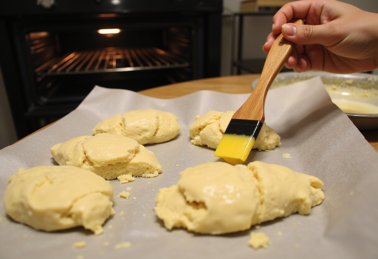 Shaping and placing Blackberry Lavender White-Chocolate Scones on a baking sheet, capturing the anticipation of the baking process.