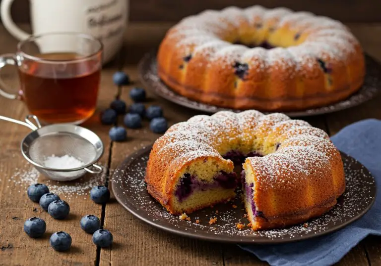 Deliciously baked Blueberry Boyfriend Bait served with a sprinkle of powdered sugar, providing a mouthwatering view of this delightful dessert in a cozy setting.