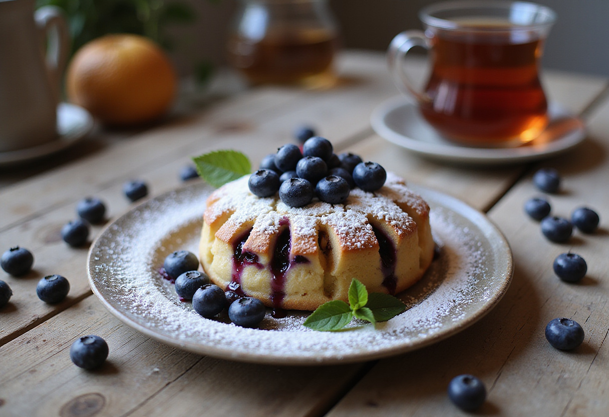 Deliciously baked Blueberry Boyfriend Bait served with a sprinkle of powdered sugar, providing a mouthwatering view of this delightful dessert in a cozy setting.