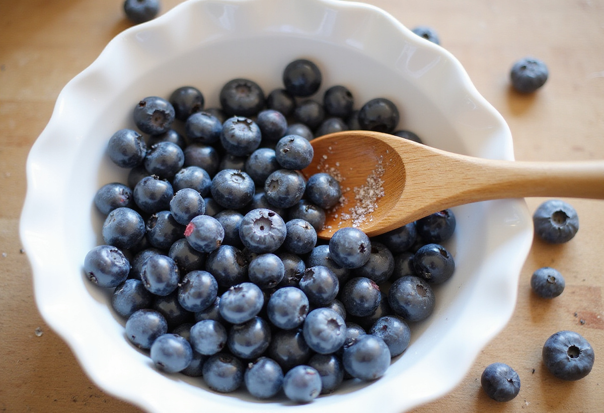 Fresh blueberries and sugar in a mixing bowl for Blueberry Boyfriend Bait recipe, showcasing the vibrant fruit and rustic kitchen atmosphere.