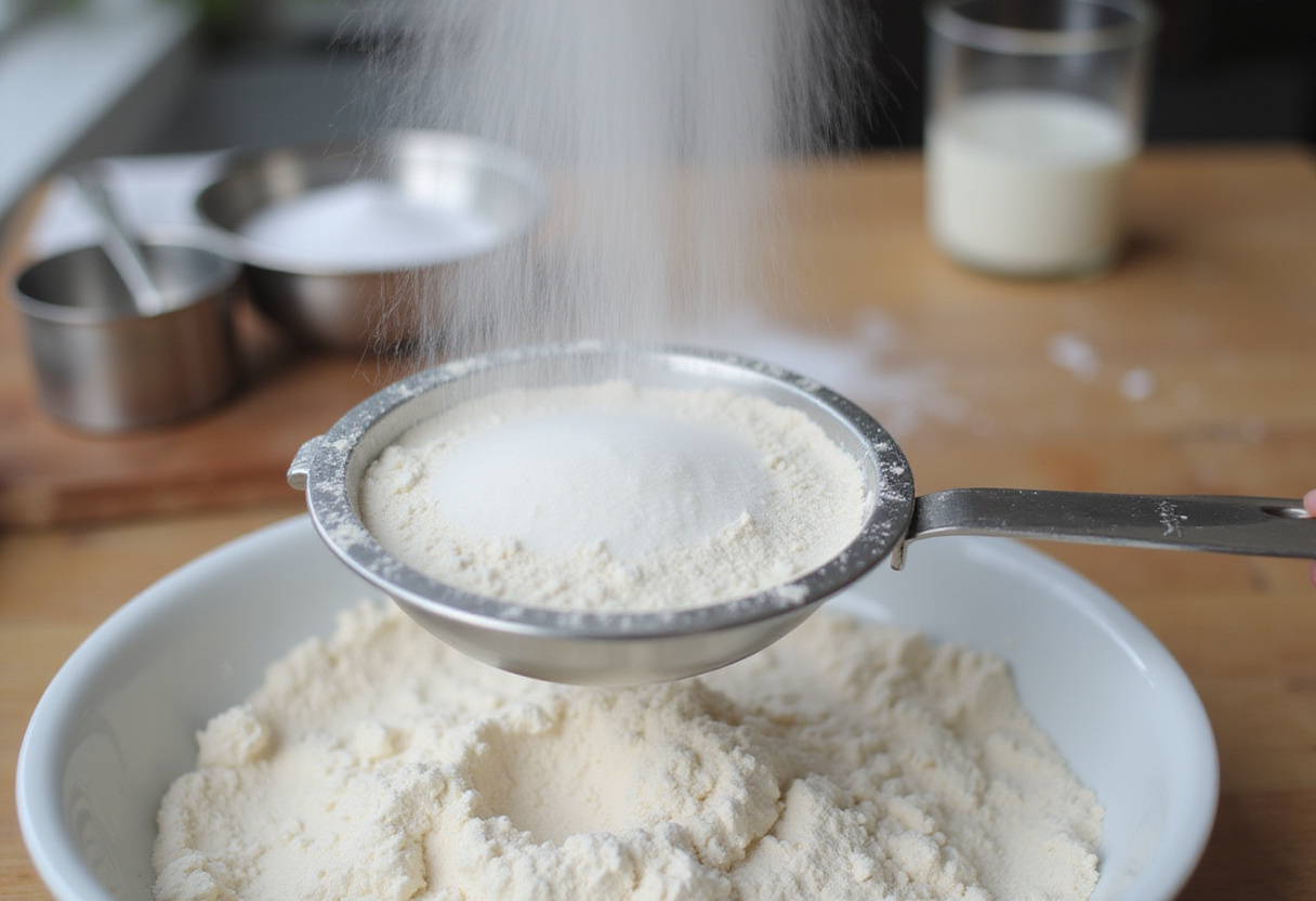 Sifting flour for Blueberry Boyfriend Bait, highlighting the careful baking steps with kitchen tools and ingredients in a cozy setting.