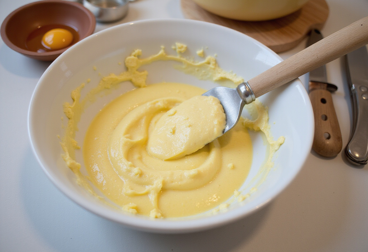 Stirring butter and sugar for Blueberry Boyfriend Bait, illustrating the preparation of a sweet batter with an inviting kitchen backdrop.