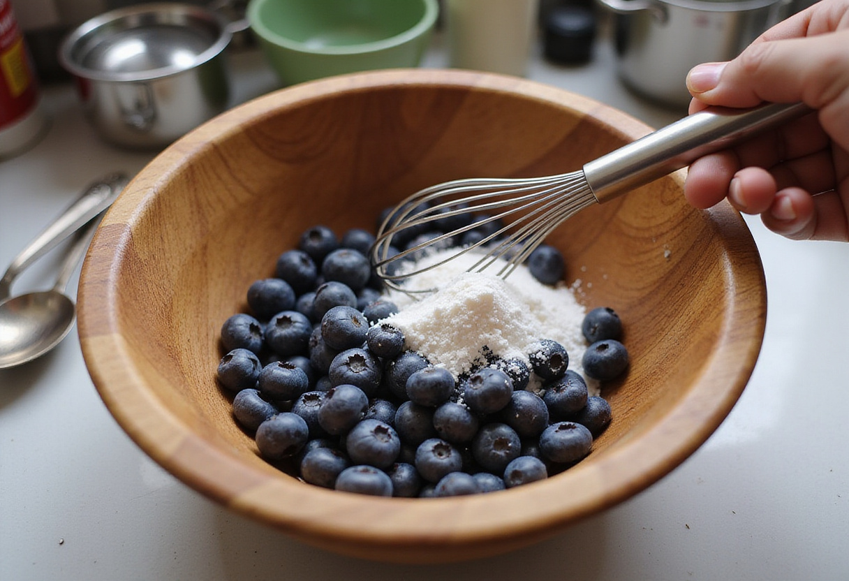 Fresh blueberries and sugar being prepared for a Blueberry Breakfast Bake in a cozy kitchen.