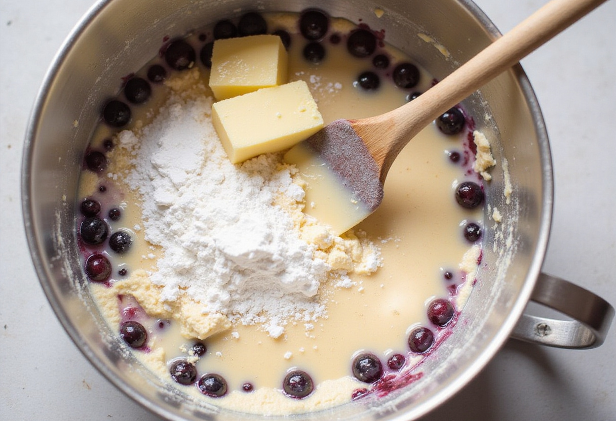 Mixing dry ingredients for Blueberry Breakfast Bake, showcasing the fluffy batter preparation process.