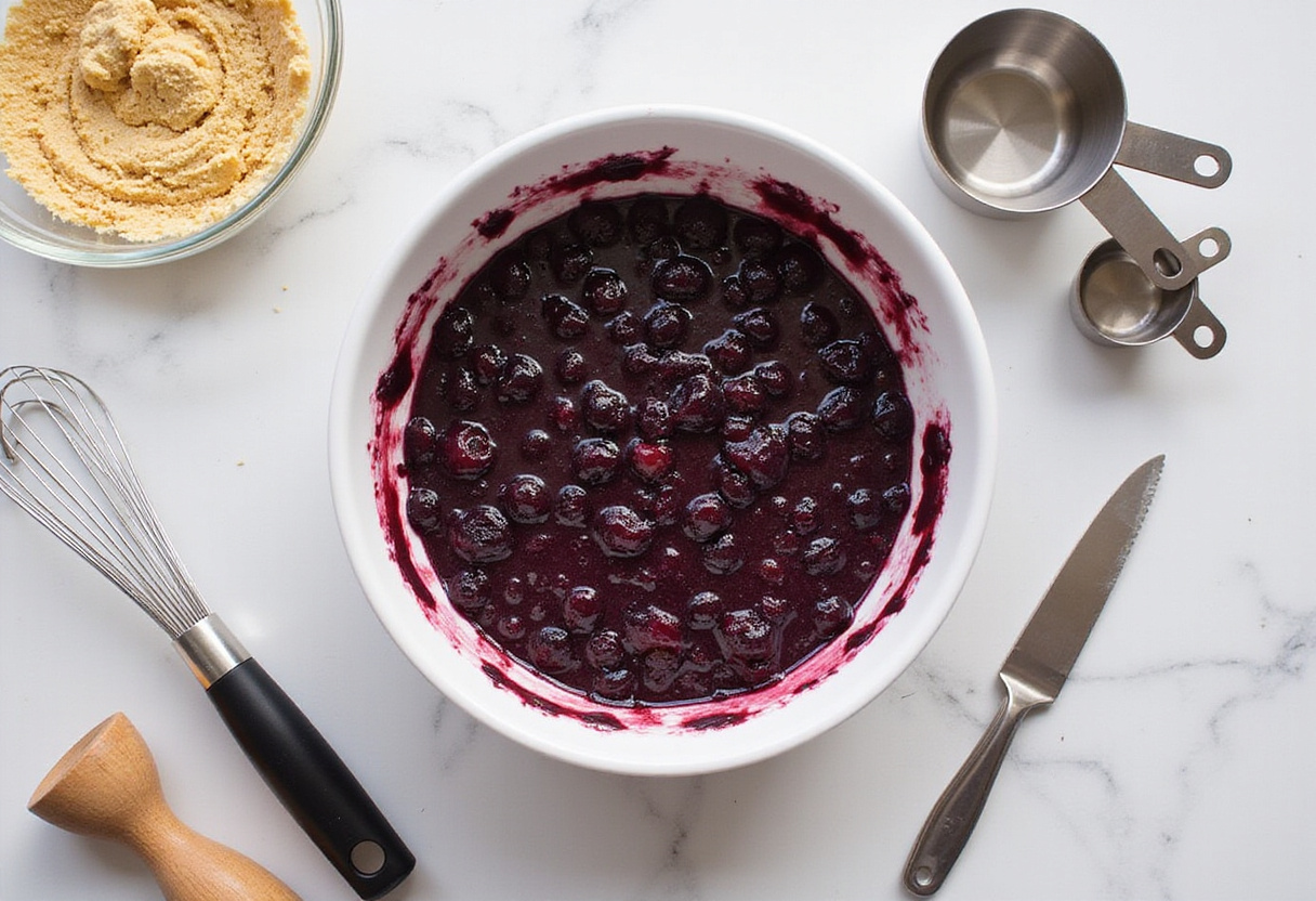 Preparing a baking dish for Blueberry Breakfast Bake, highlighting the berry-laden mixture before it goes into the oven.