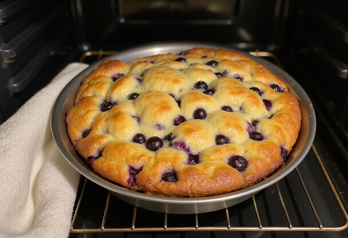Golden and bubbly Blueberry Breakfast Bake just out of the oven, capturing its delicious and inviting appearance.