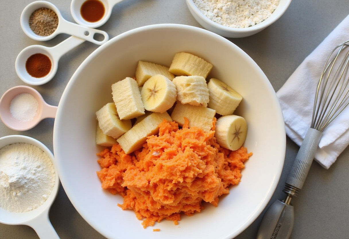Carrot Cake Banana Bread recipe ingredients setup with ripe bananas, shredded carrots, and baking essentials.