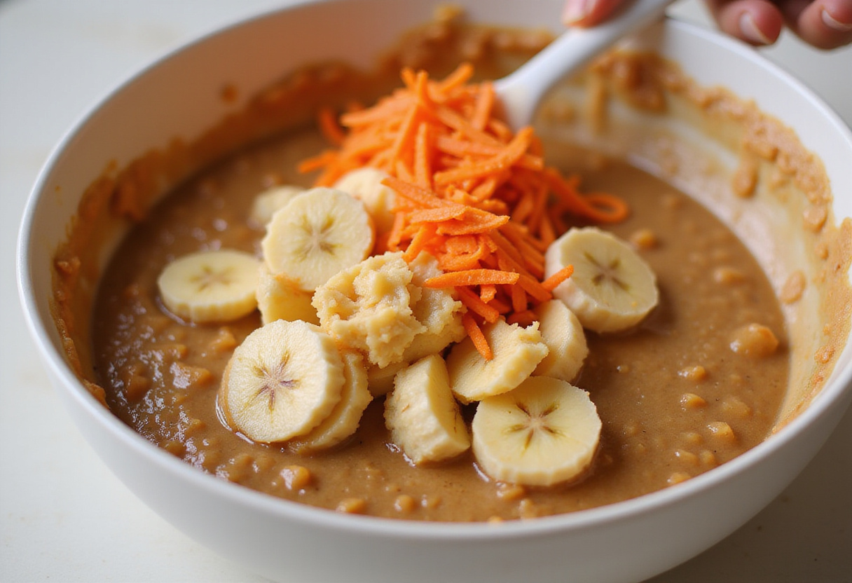 Mixing the batter for Carrot Cake Banana Bread with bananas and carrots for a delicious blend.