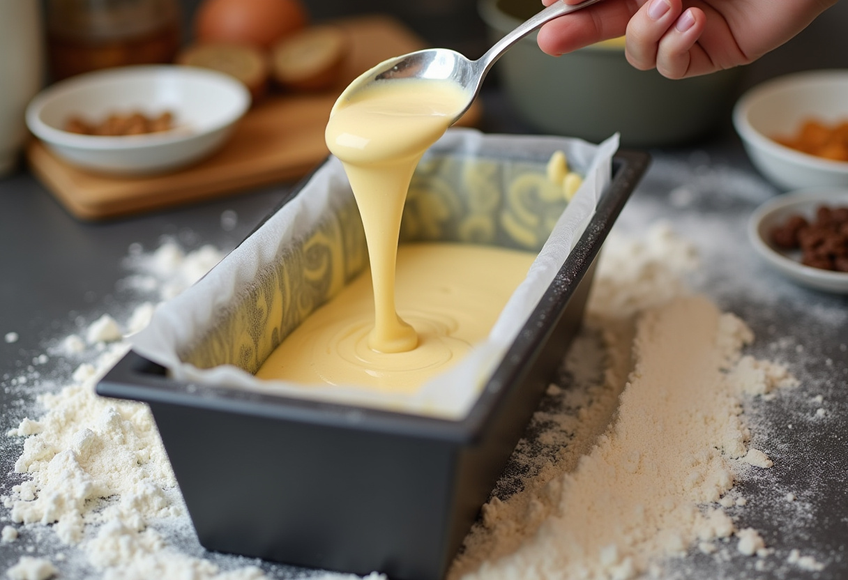 Filling a pan with homemade Carrot Cake Banana Bread batter for baking.