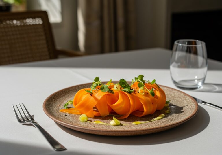 Final presentation of a colorful carrot ribbon salad, appealing plating and garnishes, inviting dining experience.