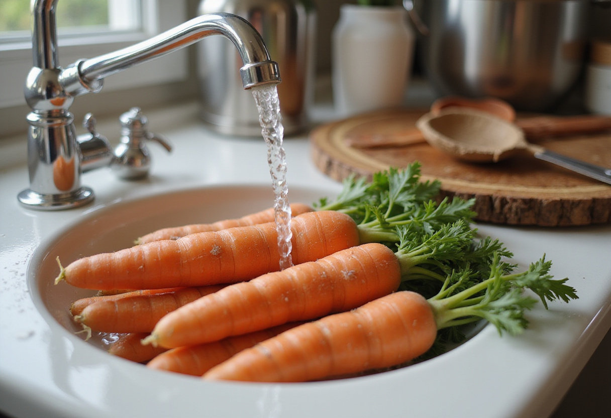Fresh carrots being washed for a healthy carrot ribbon salad, vibrant colors, kitchen preparation, organic vegetables.
