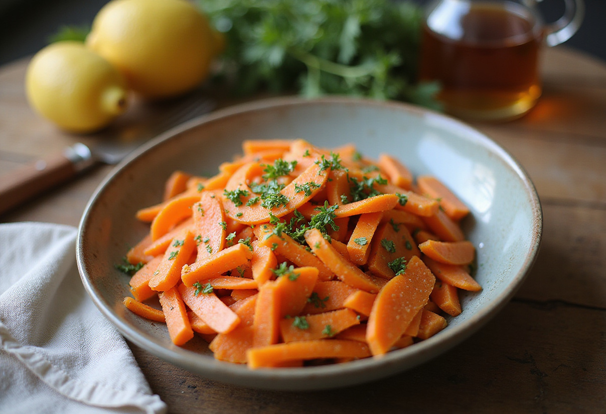 Delicious carrot ribbon salad mixed with herbs and lemon juice, colorful ingredients in a stylish bowl, kitchen atmosphere.