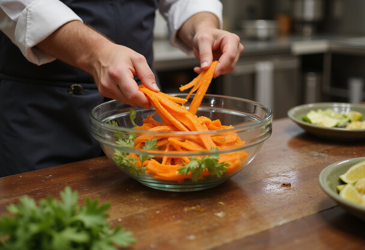 Tossing carrot ribbons with vinaigrette for a flavorful salad, dynamic kitchen scene, healthy meal preparation.
