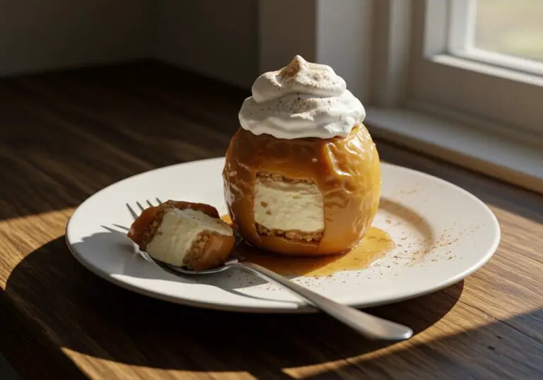 Deliciously plated cheesecake stuffed baked apple, gourmet dessert experience, ideal for a sweet treat, serving suggestion.