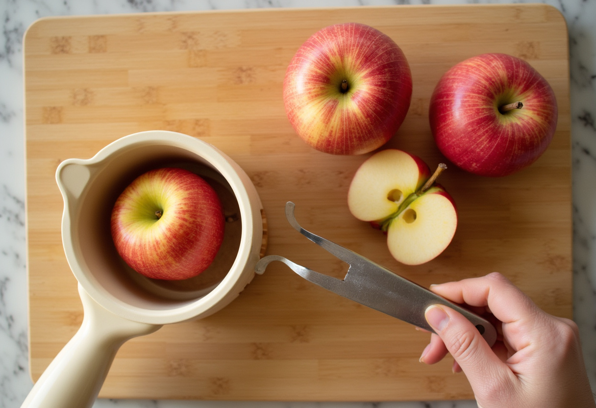 Fresh apples being cored for cheesecake stuffed baked apples preparation, healthy dessert ingredients, apple coring method.