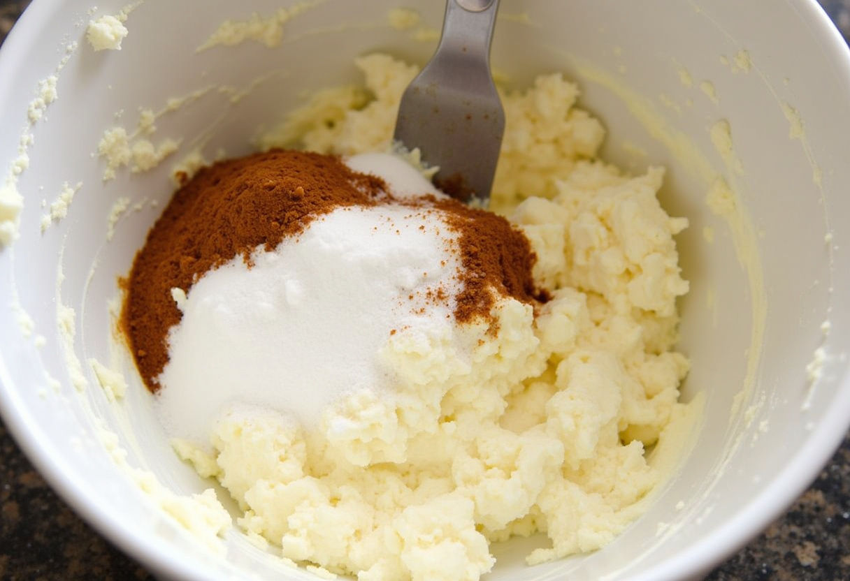 Creamy cheesecake mixture being prepared for stuffed baked apples, essential ingredients for cheesecake filling, baking preparation scene.