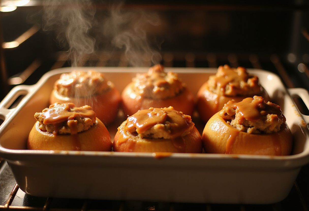 Stuffed baked apples with caramel sauce, freshly baked cheesecake dessert, warm and inviting baked apples ready to be served.