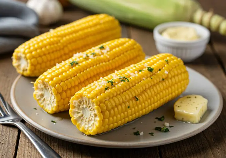 final presentation of Cheesy Garlic Butter Corn on the Cob with melted cheese and garlic butter, inviting dinner setting
