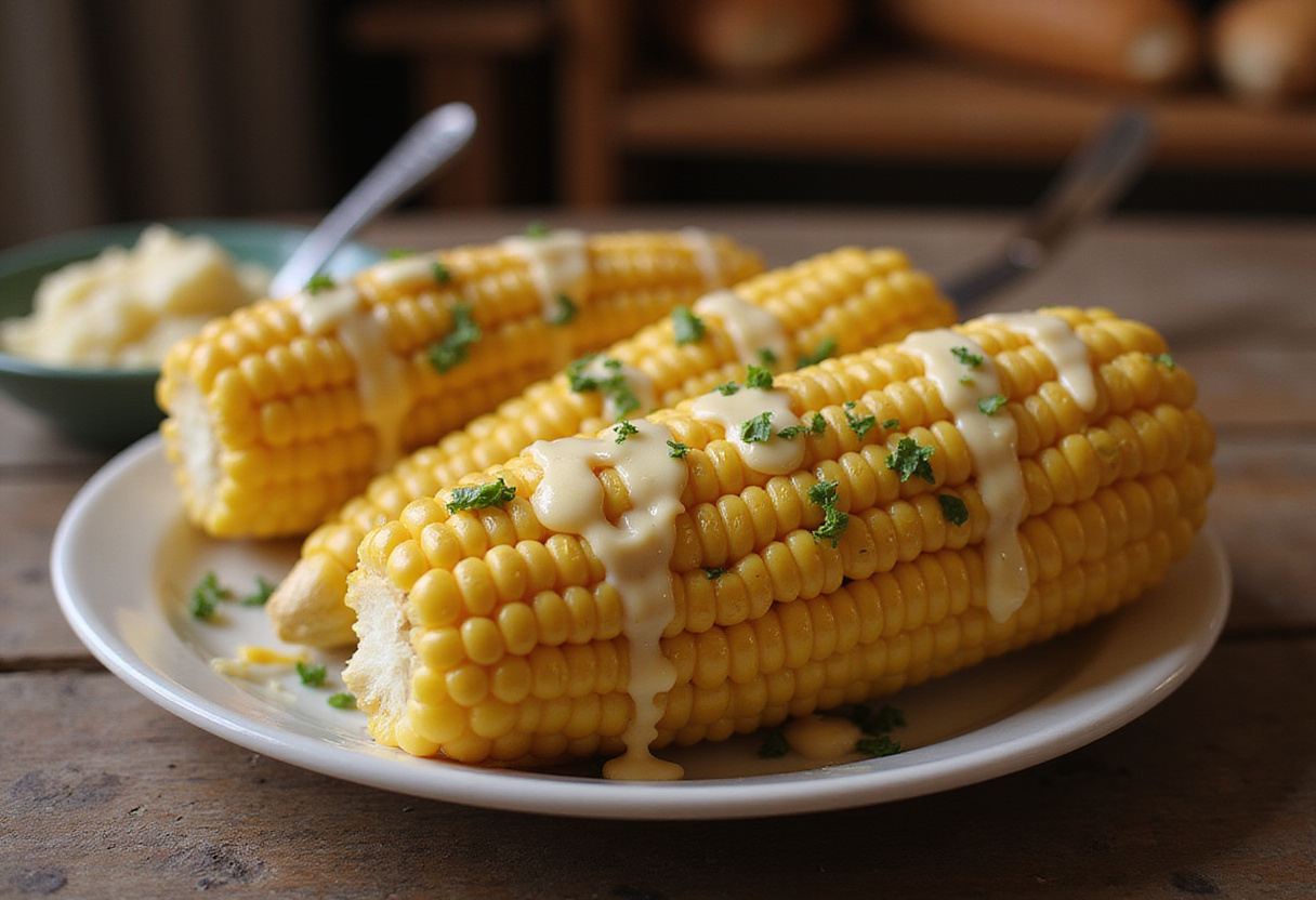final presentation of Cheesy Garlic Butter Corn on the Cob with melted cheese and garlic butter, inviting dinner setting