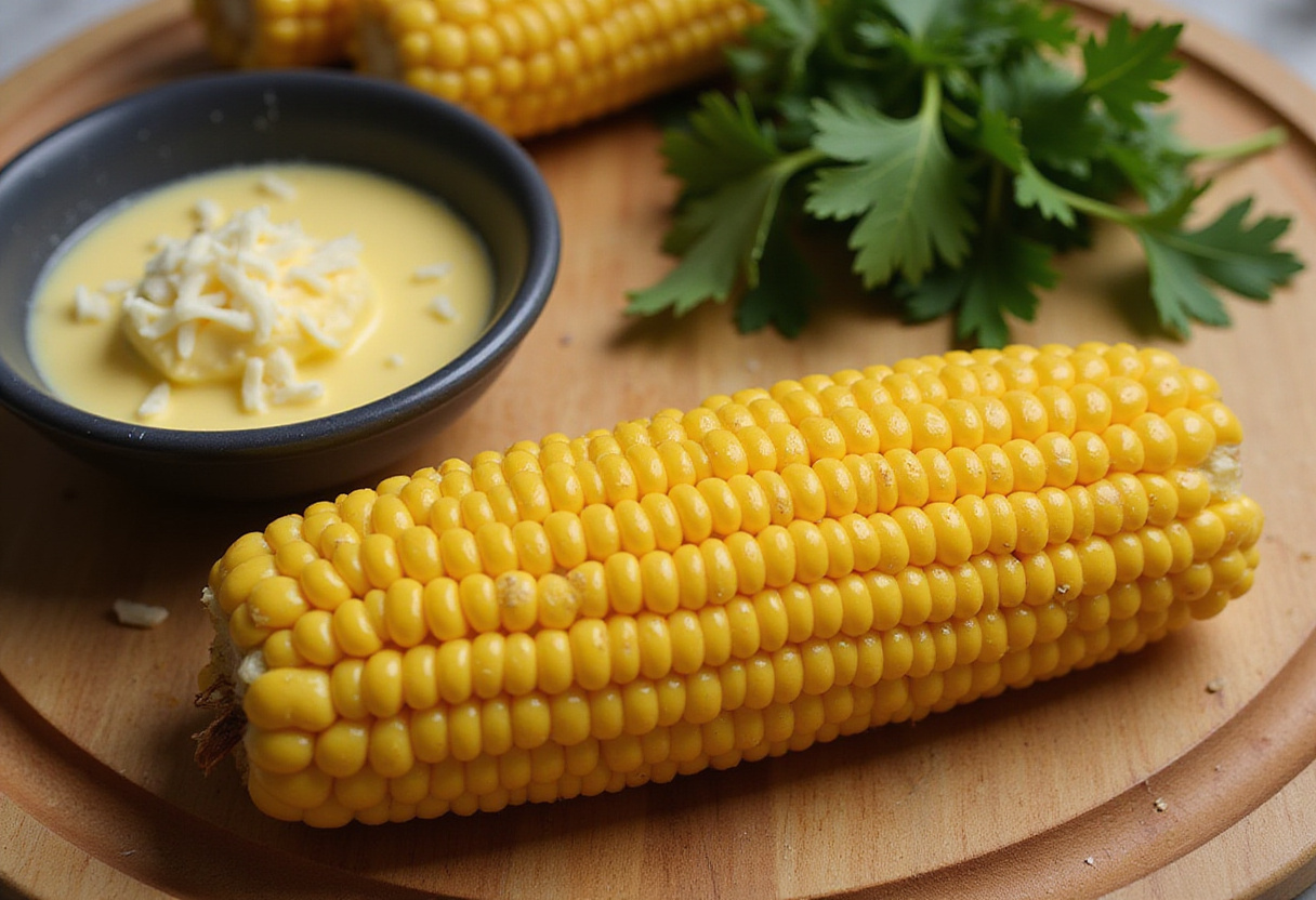 steaming corn on the cob with garlic butter and cheese for Cheesy Garlic Butter Corn on the Cob recipe, melted ingredients in a bowl