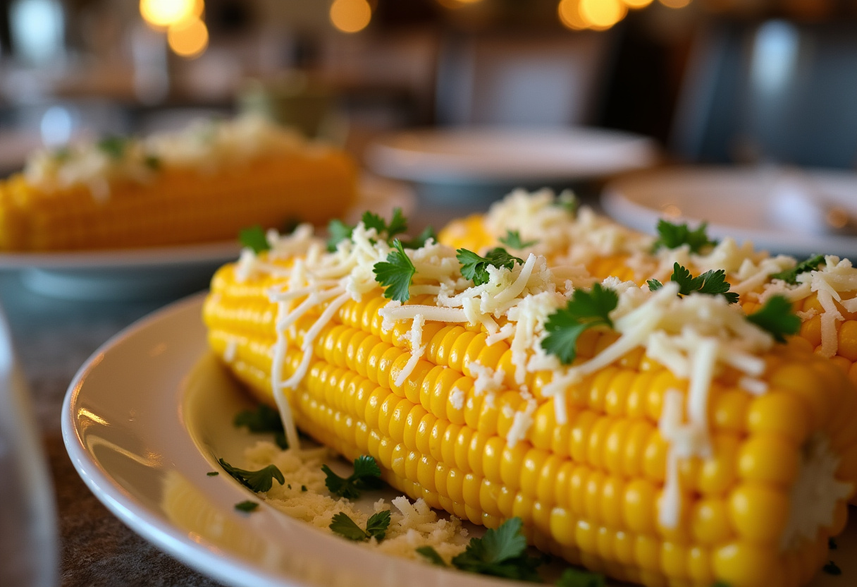 sprinkling cheese and parsley on Cheesy Garlic Butter Corn on the Cob, vibrant serving platter on the dining table