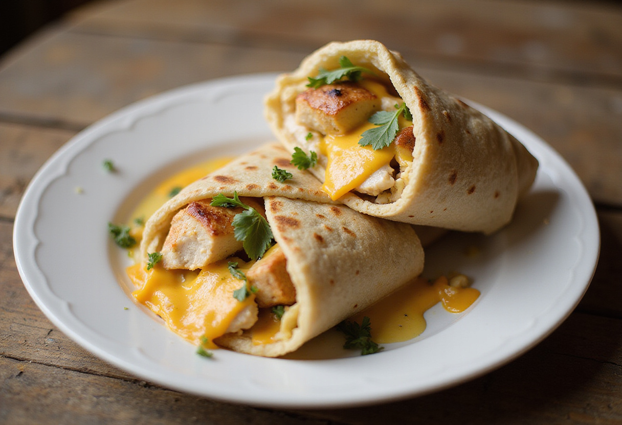 Beautifully plated cheesy garlic chicken wraps, featuring melty cheese and fresh ingredients, an inviting dish perfect for any meal.