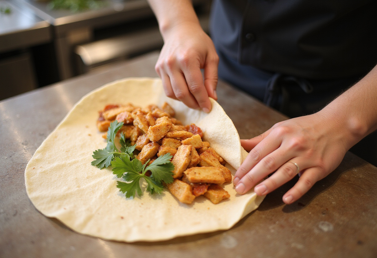 Rolling the cheesy garlic chicken wraps on a wooden board, emphasizing the preparation process of a tasty homemade dish.