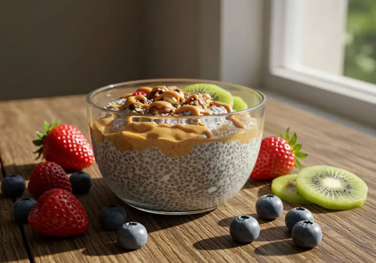 Delicious chia pudding with nut butter displayed elegantly, perfect for a nutritious and energizing breakfast or snack.