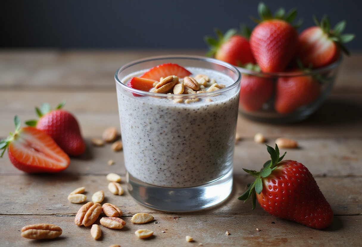 Delicious chia pudding with nut butter displayed elegantly, perfect for a nutritious and energizing breakfast or snack.
