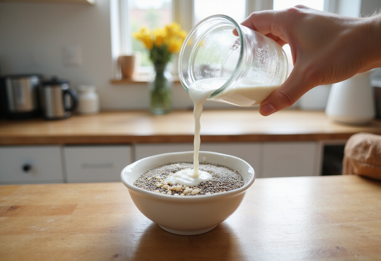 Chia seeds mixed with almond milk and honey for a delicious and healthy chia pudding recipe.