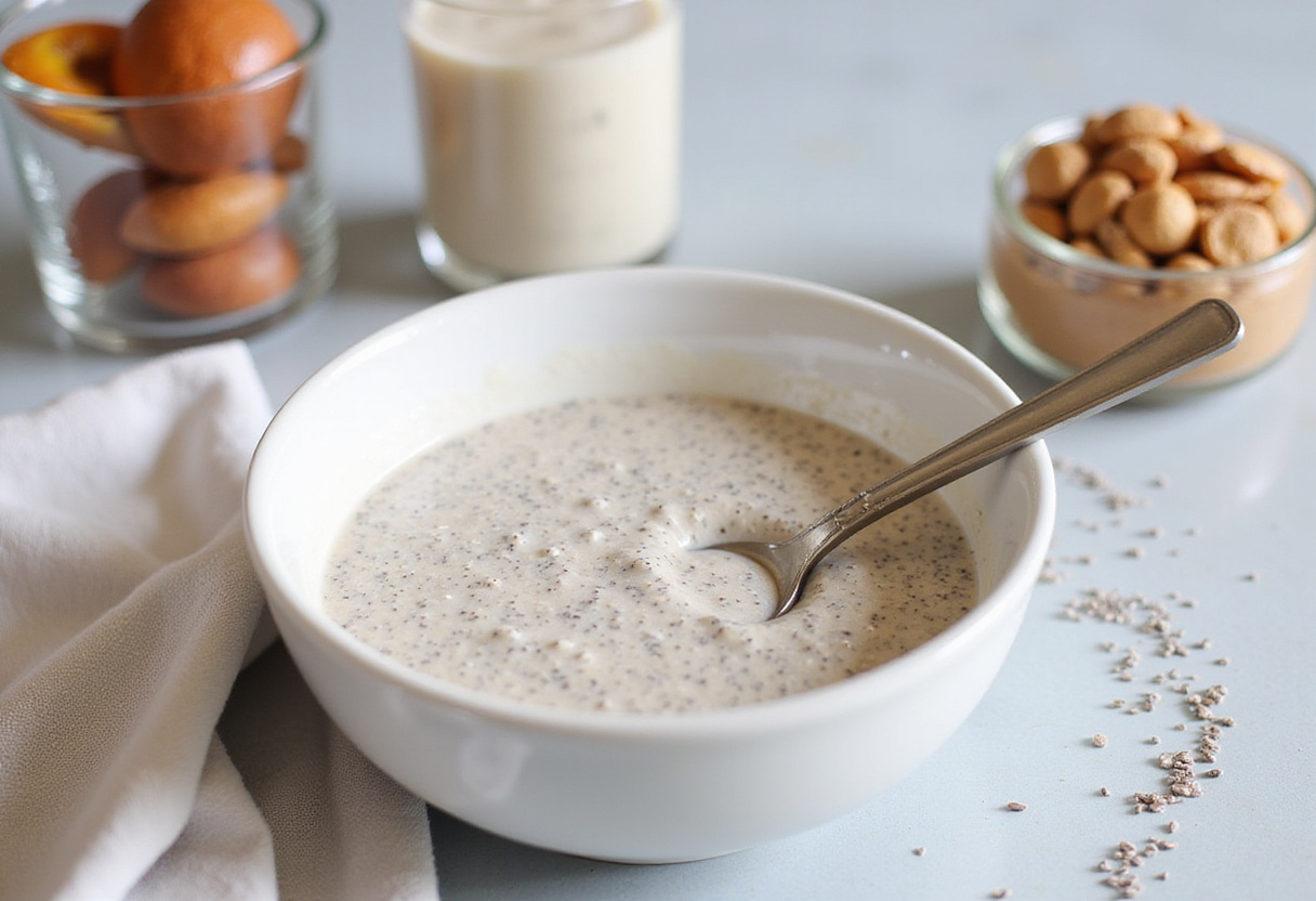 Stirring the chia seed mixture to combine with almond milk for a creamy nut butter chia pudding dessert.