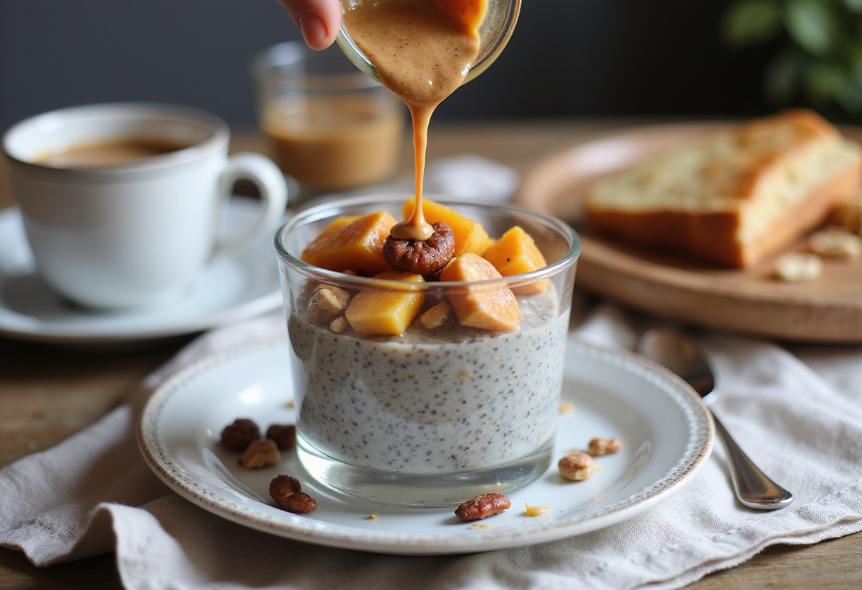Drizzling nut butter over chia pudding topped with fruits and nuts for an exquisite healthy meal option.