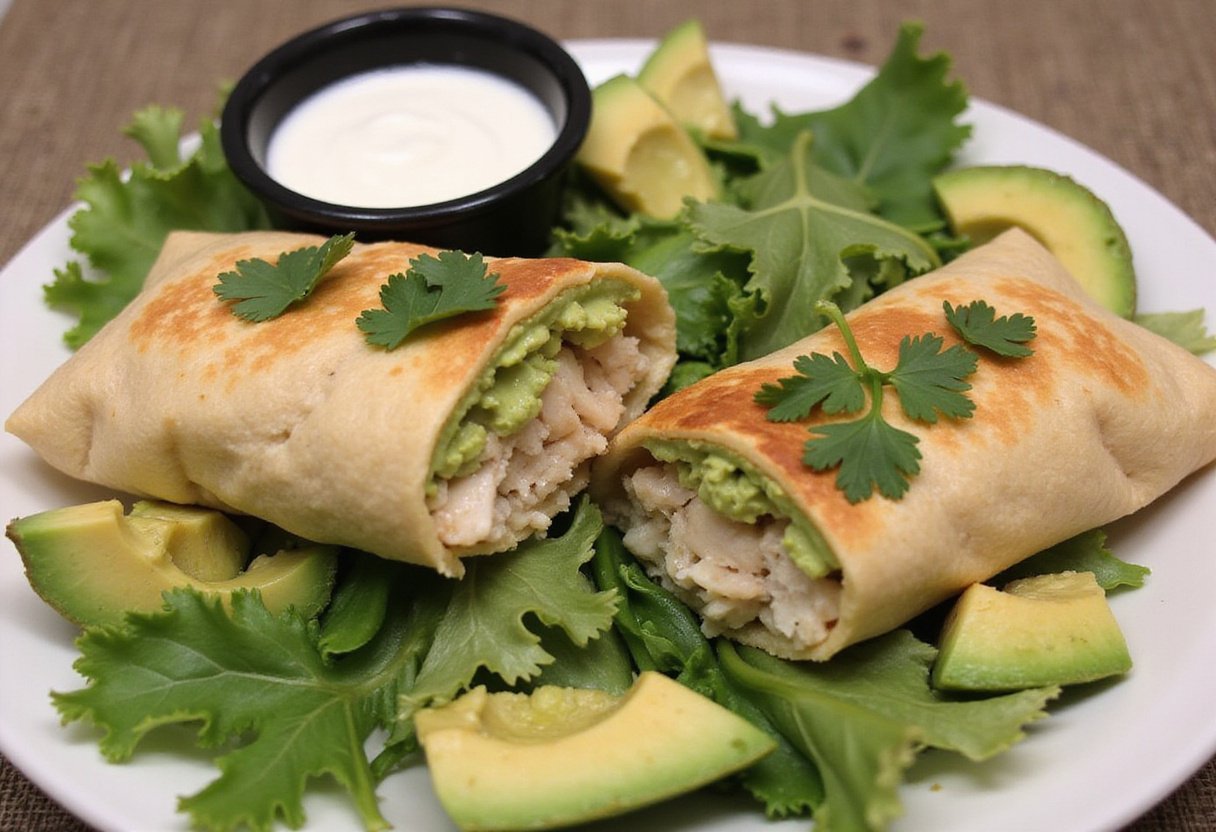 Delicious Chicken Avocado Ranch Burrito served on a plate, showcasing the vibrant ingredients and garnishes.