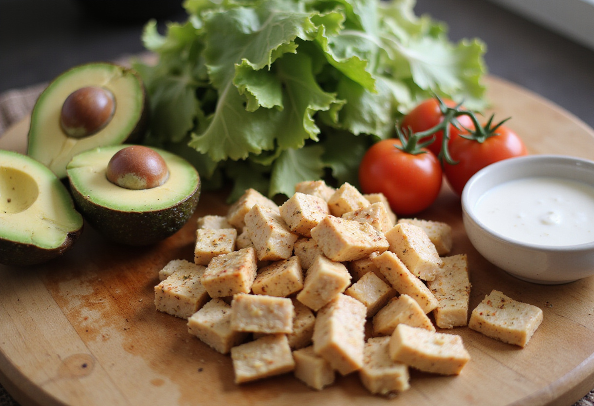 Ingredients for Chicken Avocado Ranch Burritos including avocados, tomatoes, lettuce, and chicken on cutting board.