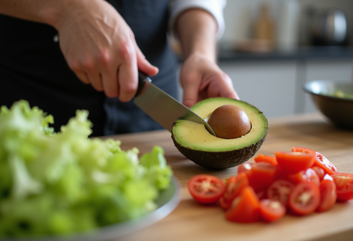 Slicing fresh avocados and tomatoes for Chicken Avocado Ranch Burritos preparation in a modern kitchen.