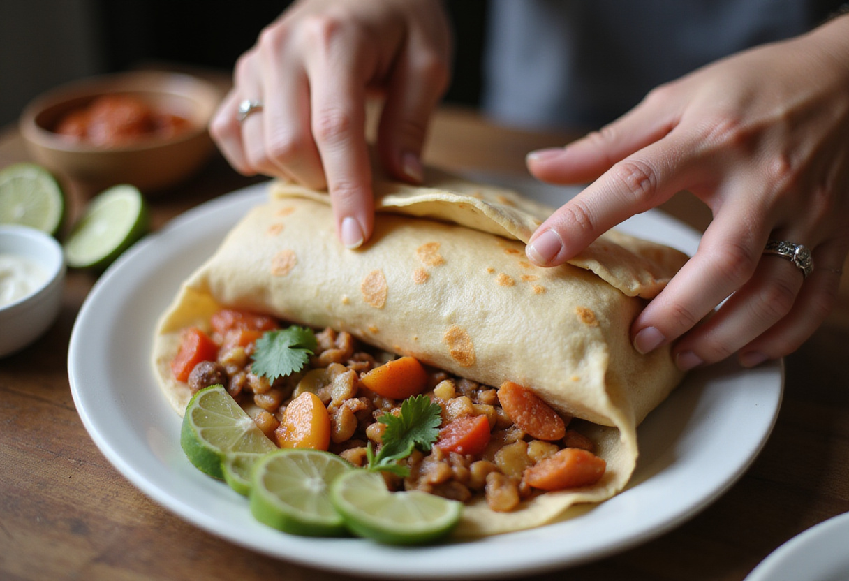 Rolling the Chicken Avocado Ranch Burrito in a kitchen, demonstrating the making process.