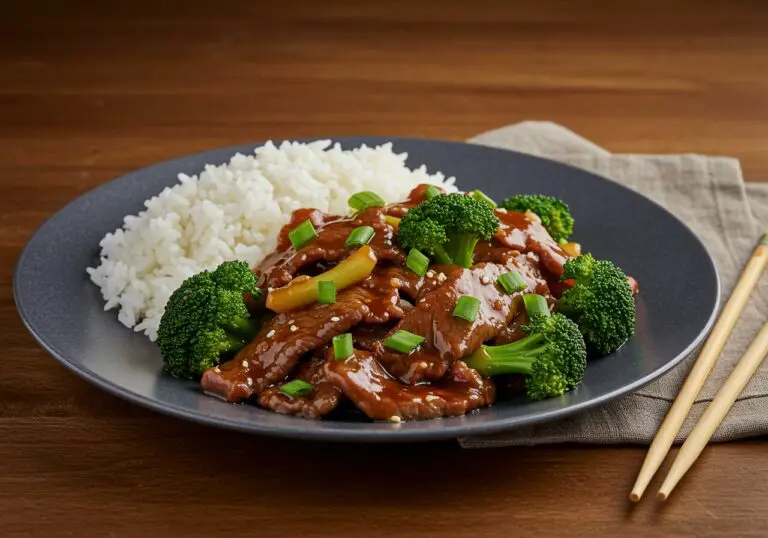 Final presentation of Chinese Beef and Broccoli featuring tender beef and vibrant broccoli on a plate, ready for a delicious meal.