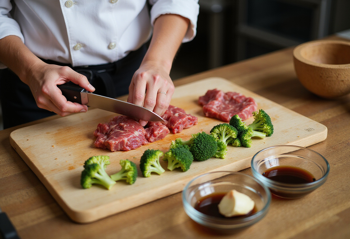 Fresh ingredients for Chinese Beef and Broccoli, featuring sliced beef and broccoli on a cutting board, highlighting soy sauce and garlic preparation.