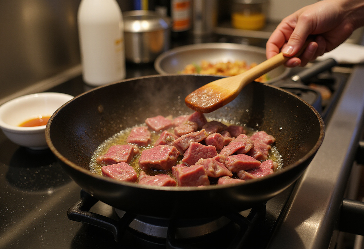 Cooking the beef for Chinese Beef and Broccoli in a hot wok, emphasizing the quick stir-frying technique and the vibrant kitchen atmosphere.