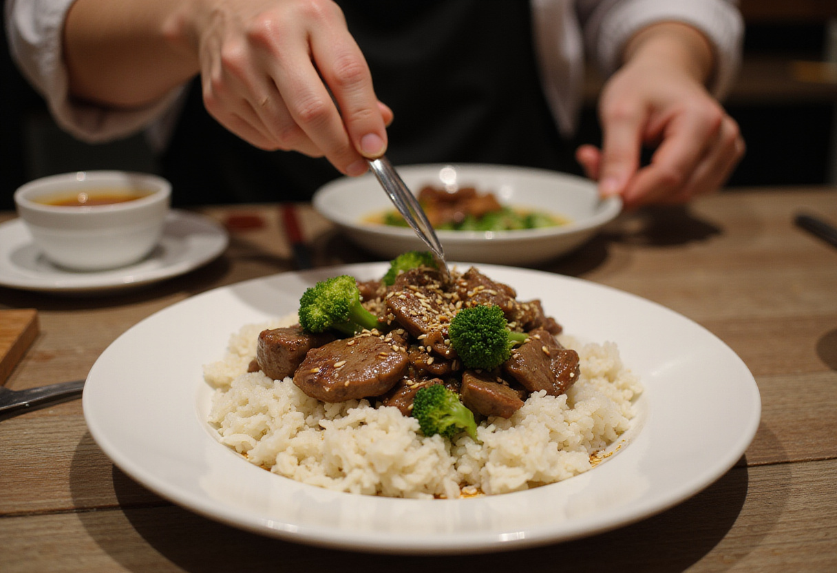Plating Chinese Beef and Broccoli with rice, highlighting the vibrant colors and garnishing with sesame seeds in a beautifully set dining area.