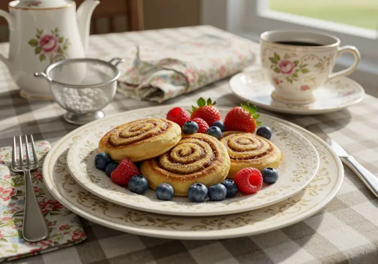 Final presentation of cinnamon roll pancakes with fresh berries, showcasing a delicious and inviting breakfast ready to be enjoyed.