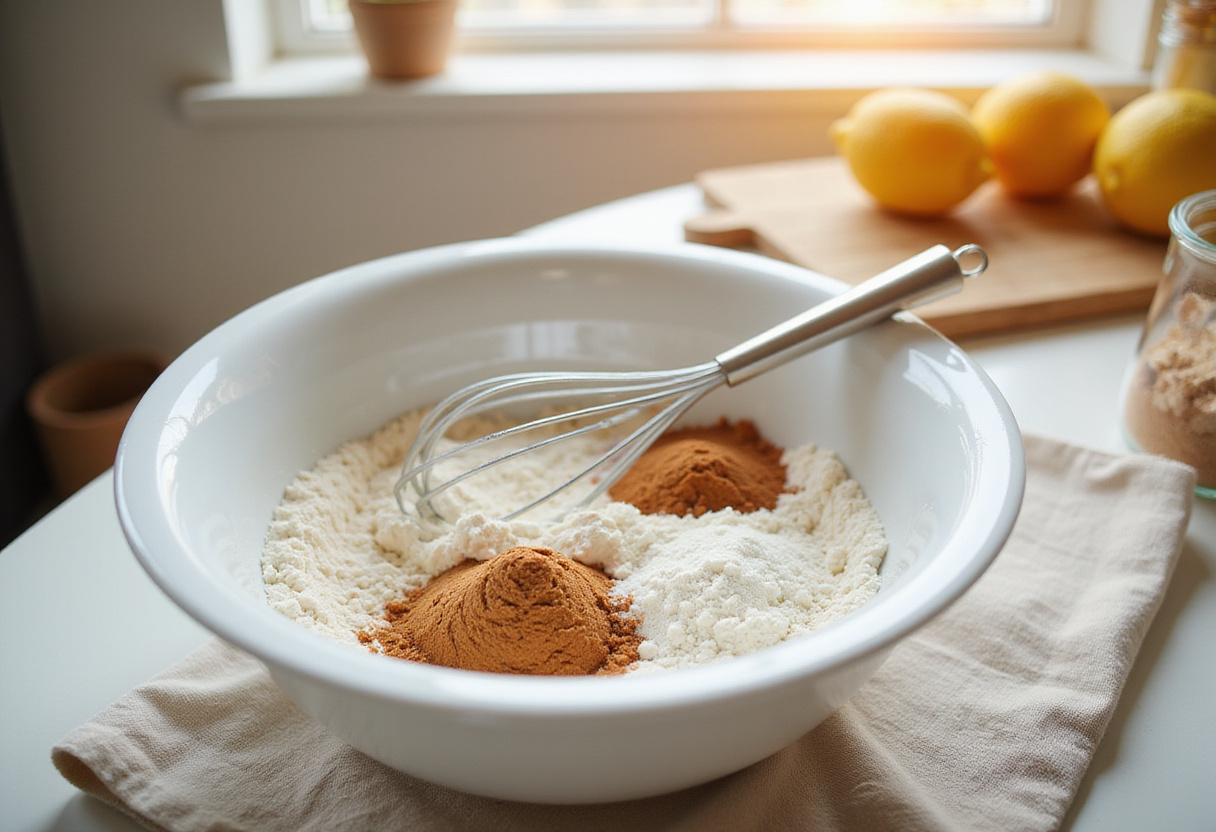 Mixing ingredients for cinnamon roll pancakes in a bright kitchen, showcasing cinnamon, flour, and sugar for delicious breakfast.