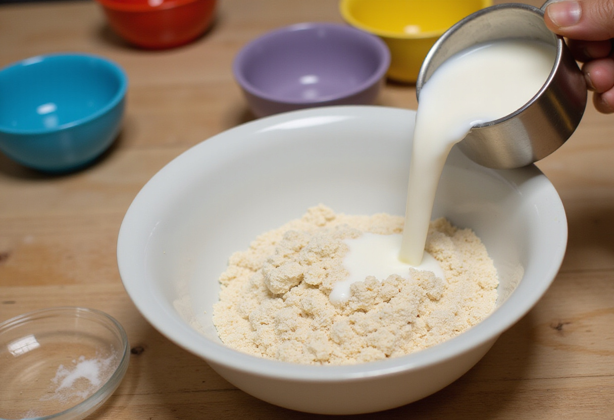 Pouring milk into cinnamon roll pancake batter, capturing the process of making fluffy pancakes in a colorful kitchen setup.