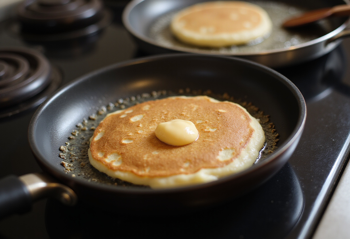 Cooking cinnamon roll pancakes on the stove, showcasing the delicious golden edges and fluffy texture of homemade pancakes.
