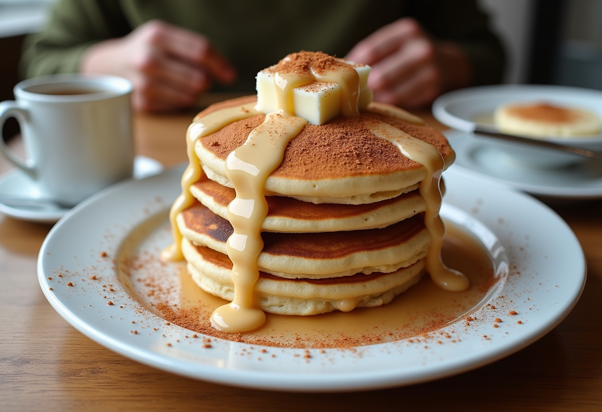 Stack of fluffy cinnamon roll pancakes drizzled with icing, perfect for a delicious breakfast presentation with butter and syrup.