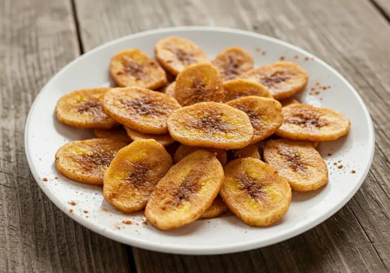 Delicious crispy cinnamon-sugar air fryer banana chips served on a white plate, offering a crunchy and sweet snack for everyone.