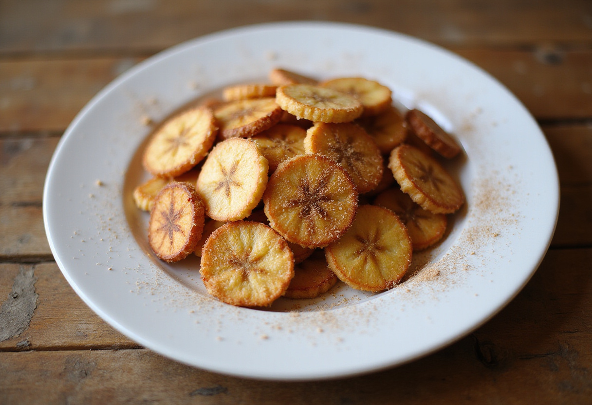 Delicious crispy cinnamon-sugar air fryer banana chips served on a white plate, offering a crunchy and sweet snack for everyone.
