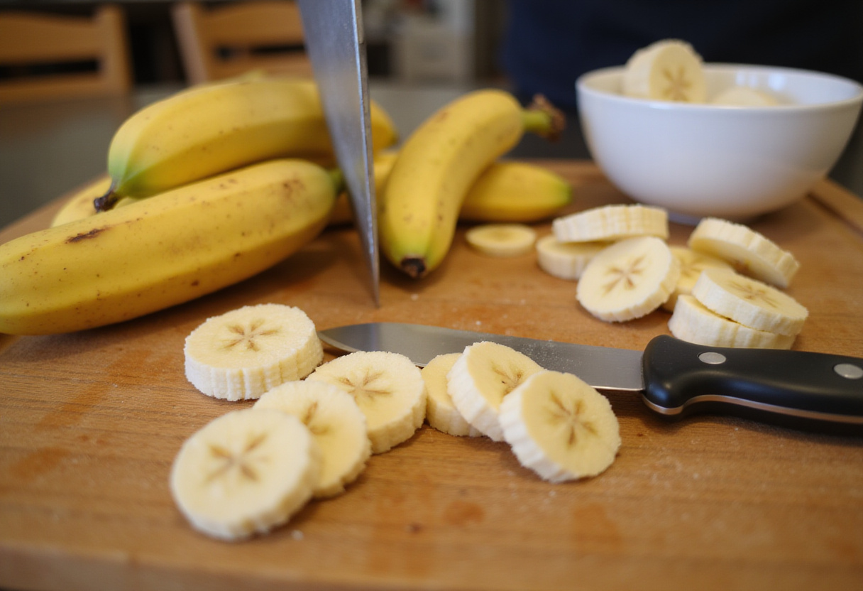 Slicing ripe bananas for cinnamon-sugar air fryer banana chips with a sharp knife, a wooden cutting board, and mixing bowl visible.